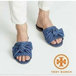 TORY BURCH Bow Slide Denim Slip On Shoes Sz 6